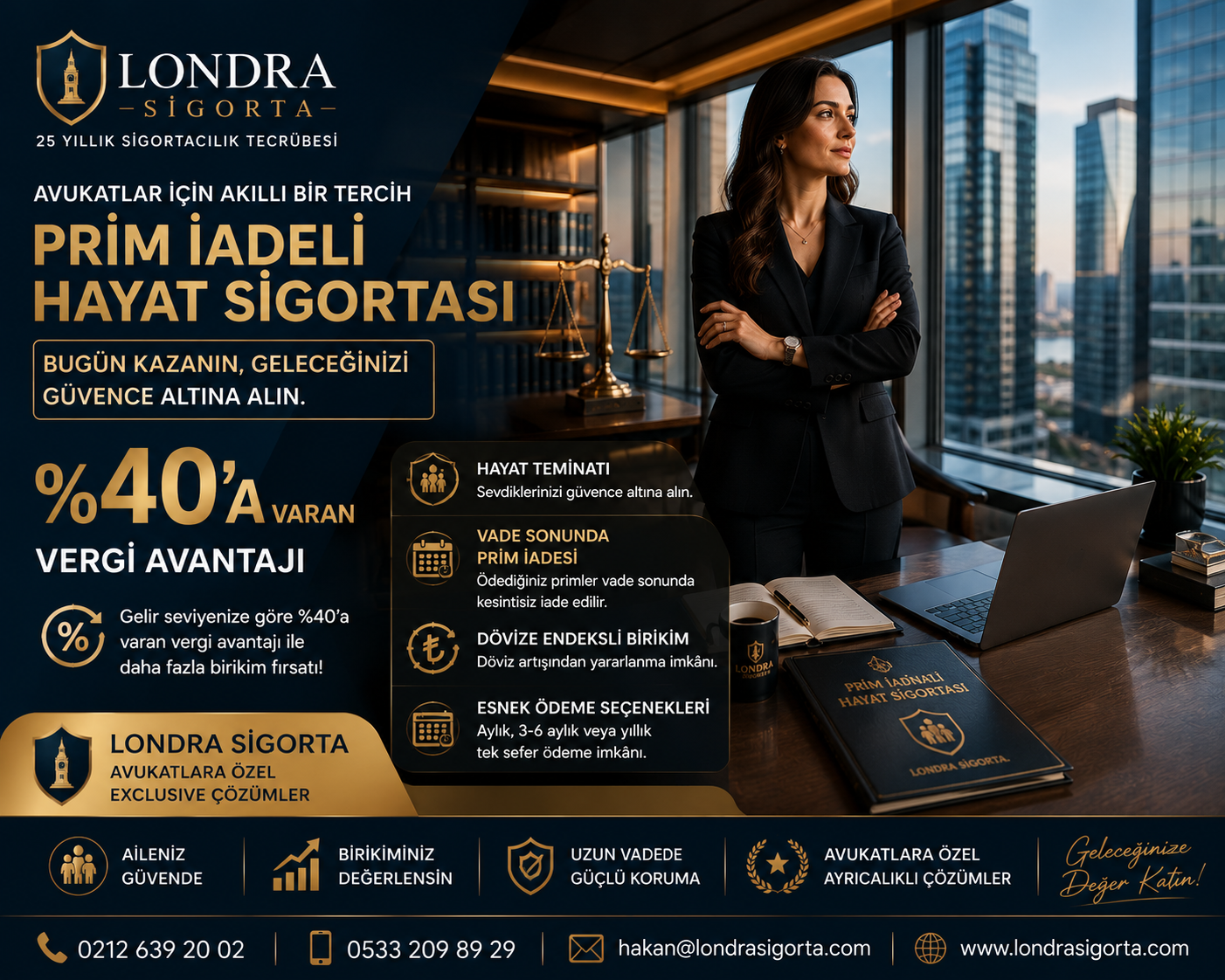 Avukat Exclusive Prim İadeli Hayat Sigortası 2026, hukuk bürosu ortağı, yüksek hayat teminatı, aile güvencesi ve Londra Sigorta