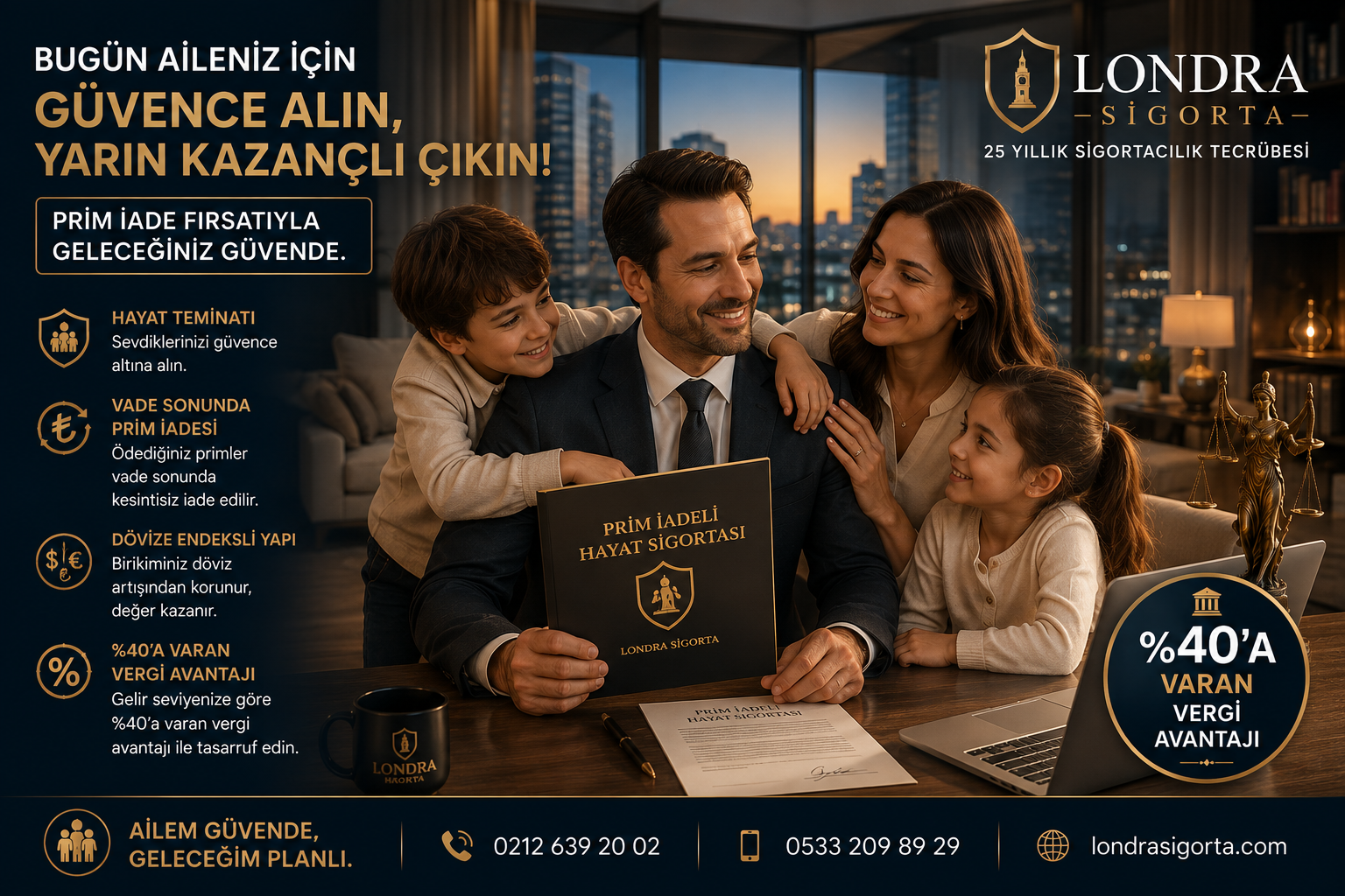 Çocukları ve eşiyle lüks konutta mutlu avukat, dövize endeksli Prim İadeli Hayat Sigortası, aile güvencesi ve Londra Sigorta